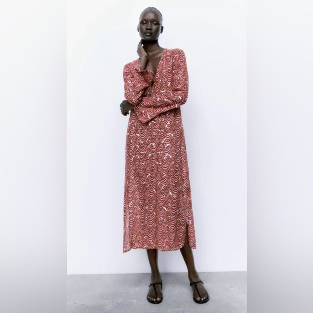 ZARA NWT WOMAN BEADED MIDI DRESS PINK - Picture 4 of 11